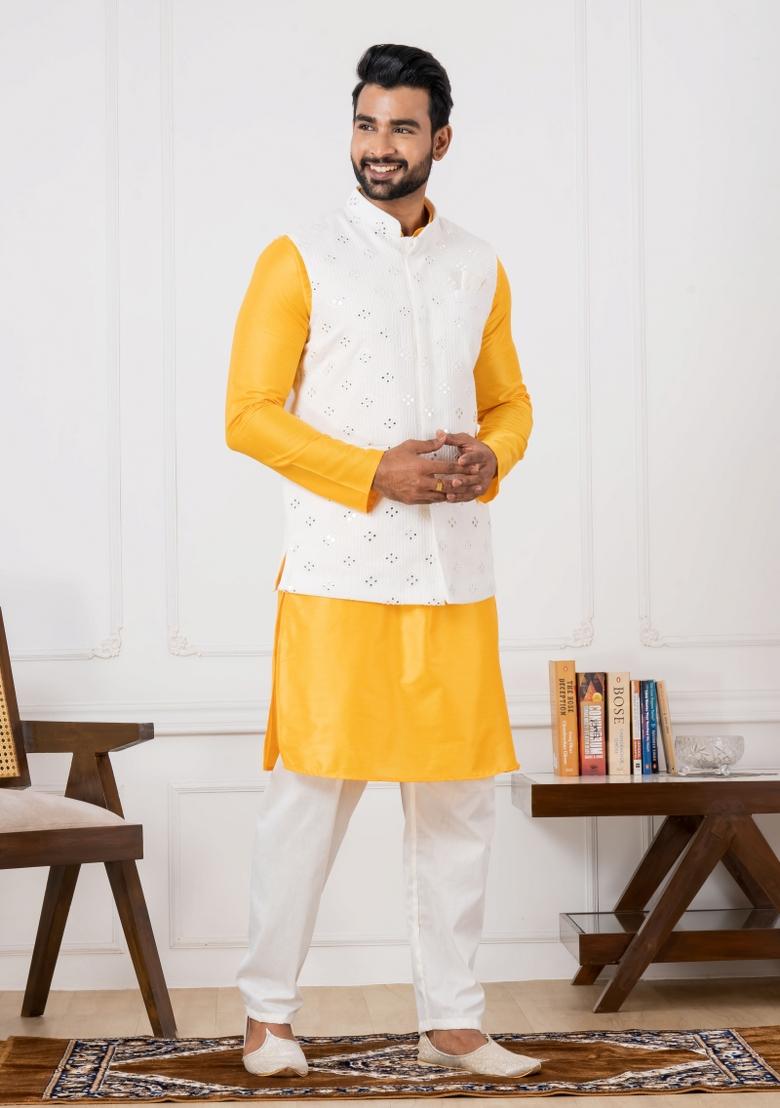 Blue Embroidery Silk Kurta Set For Men - Indya