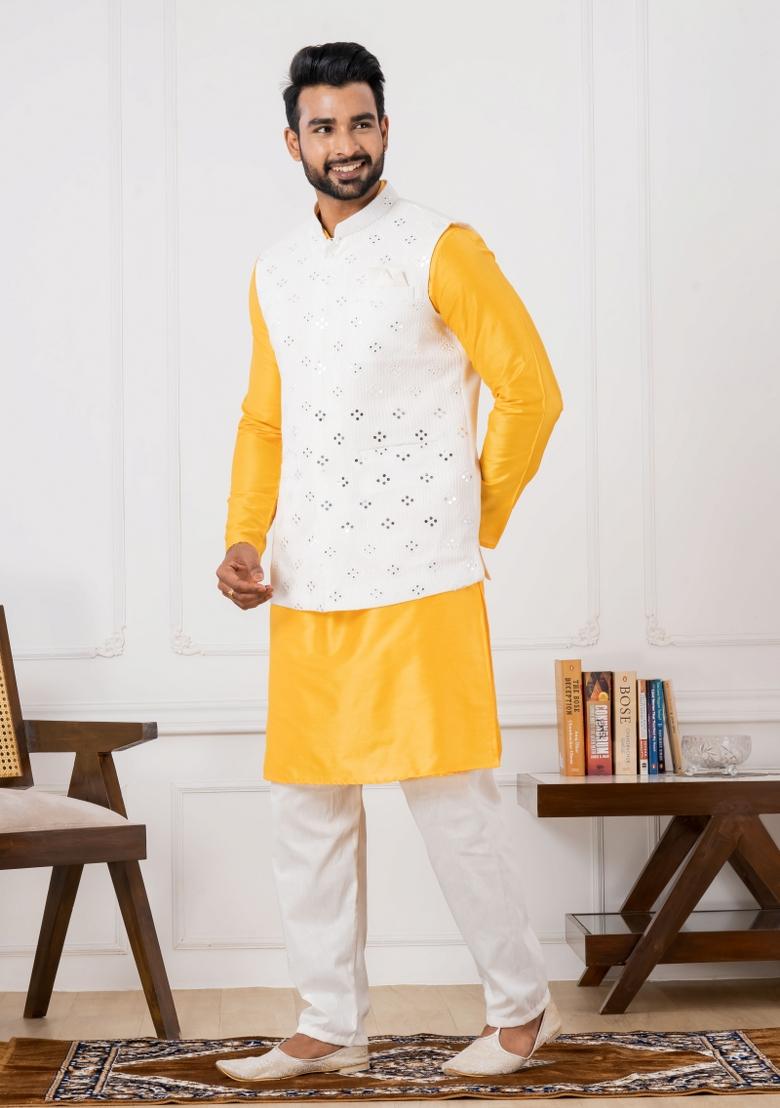 Blue Embroidery Silk Kurta Set For Men - Indya