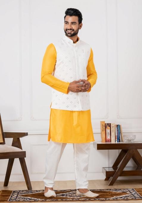 Blue Embroidery Silk Kurta Set For Men