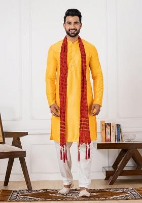 Yellow Embroidery Silk Kurta Set For Men