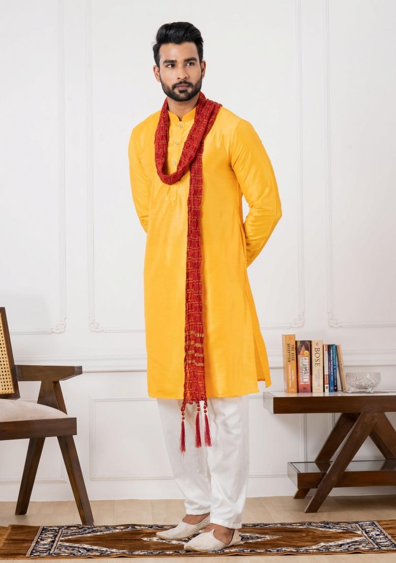 Yellow Embroidery Silk Kurta Set For Men - Indya