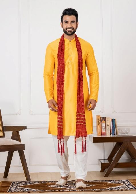 Yellow Embroidery Silk Kurta Set For Men