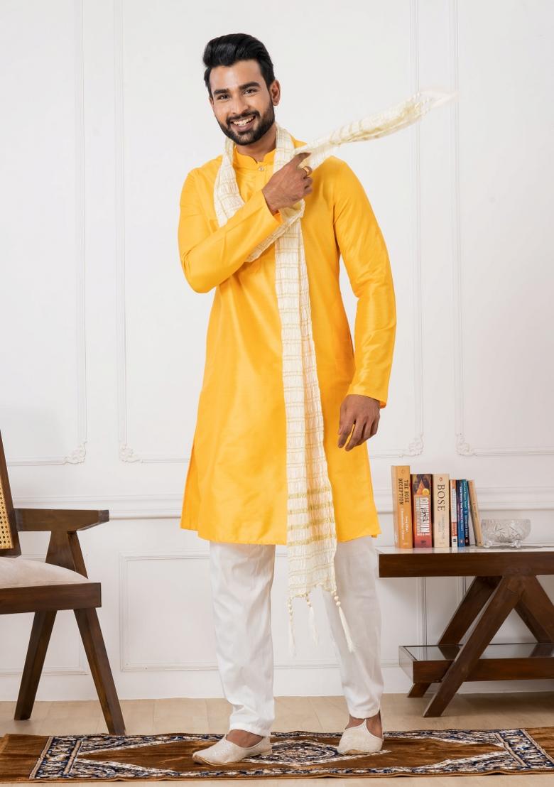 Yellow Embroidery Silk Kurta Set For Men - Indya