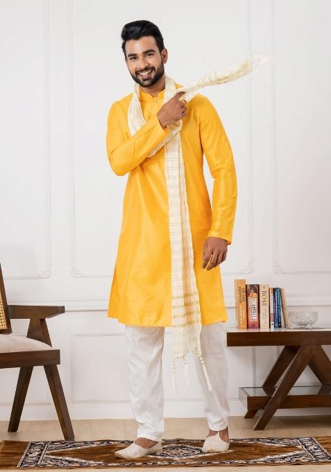 Yellow Embroidery Silk Kurta Set For Men