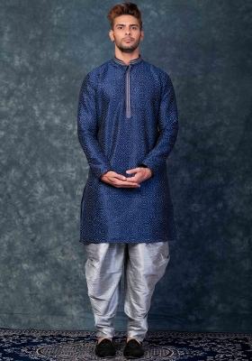 Blue Embroidery Silk Kurta Set For Men