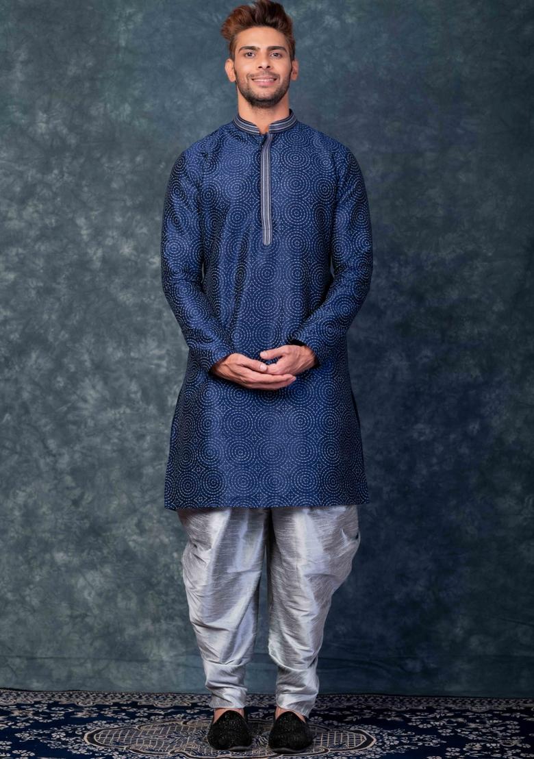 Blue Embroidery Silk Kurta Set For Men - Indya