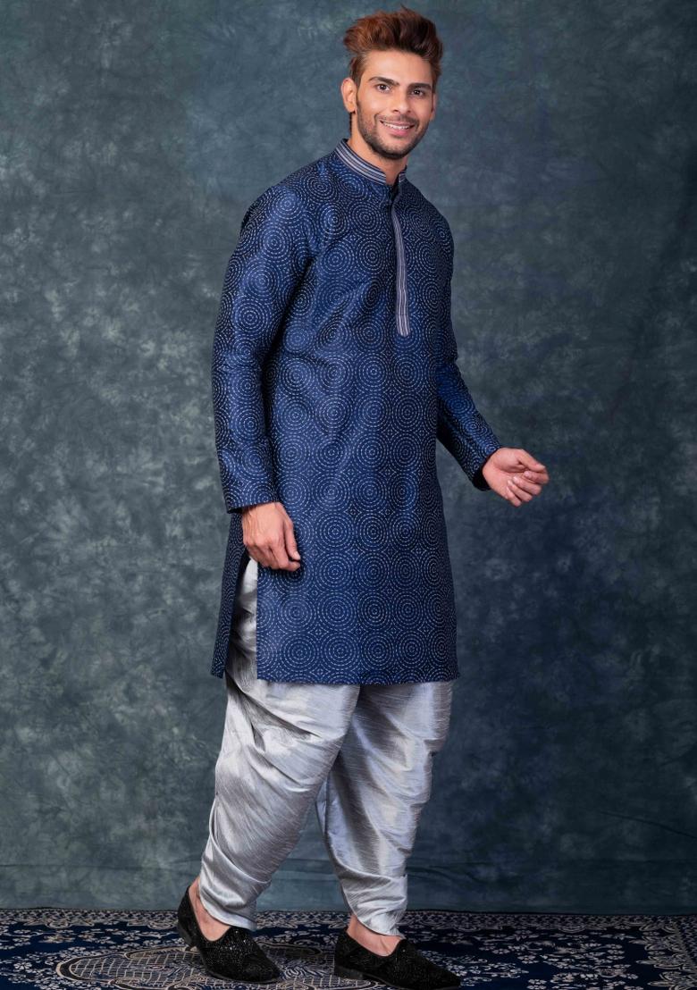 Blue Embroidery Silk Kurta Set For Men - Indya