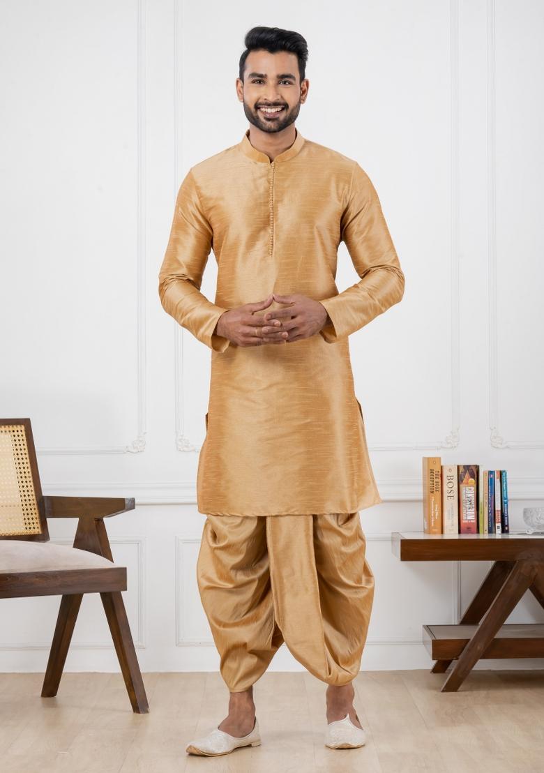 Beige Embroidery Silk Kurta Set For Men - Indya