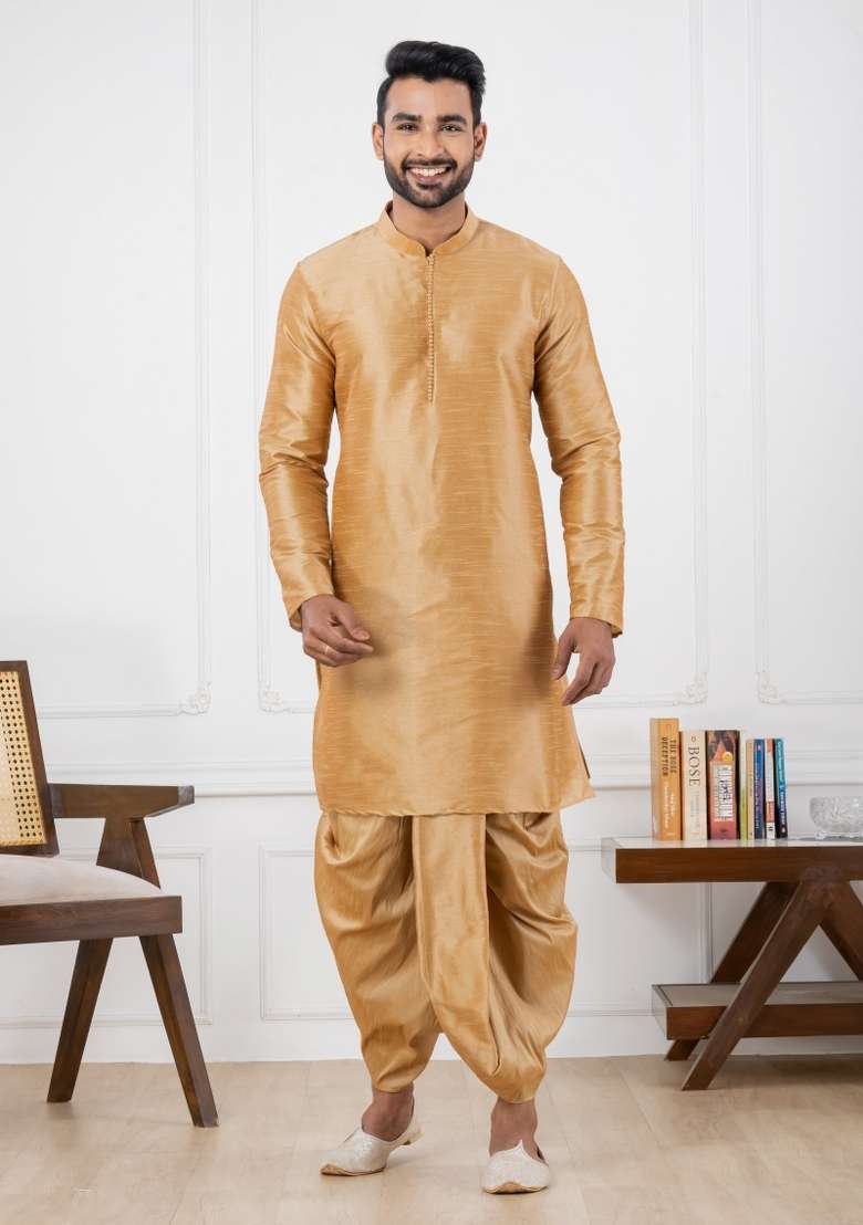 Beige Embroidery Silk Kurta Set For Men - Indya