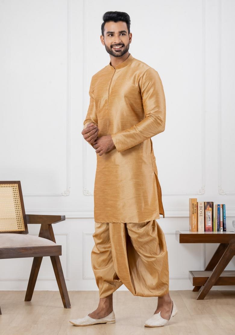 Beige Embroidery Silk Kurta Set For Men - Indya