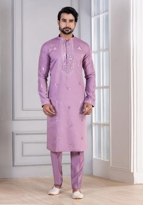 Purple Sequin Work Cotton Kurta Pyjama For Men
