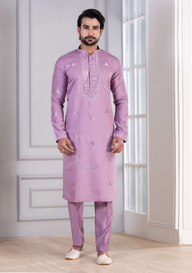 Purple Sequin Work Cotton Kurta Pyjama For Men - Indya