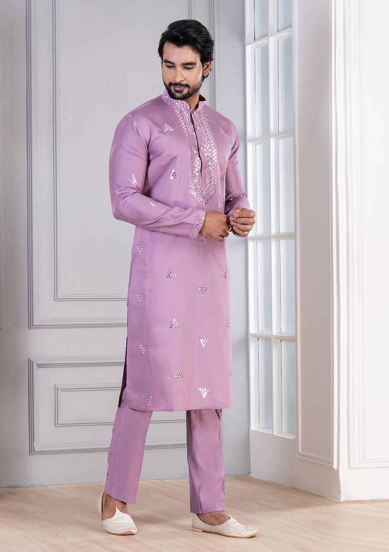 Purple Sequin Work Cotton Kurta Pyjama For Men - Indya