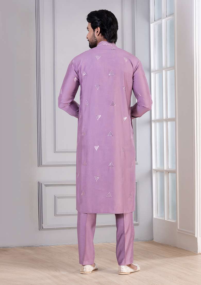 Purple Sequin Work Cotton Kurta Pyjama For Men - Indya