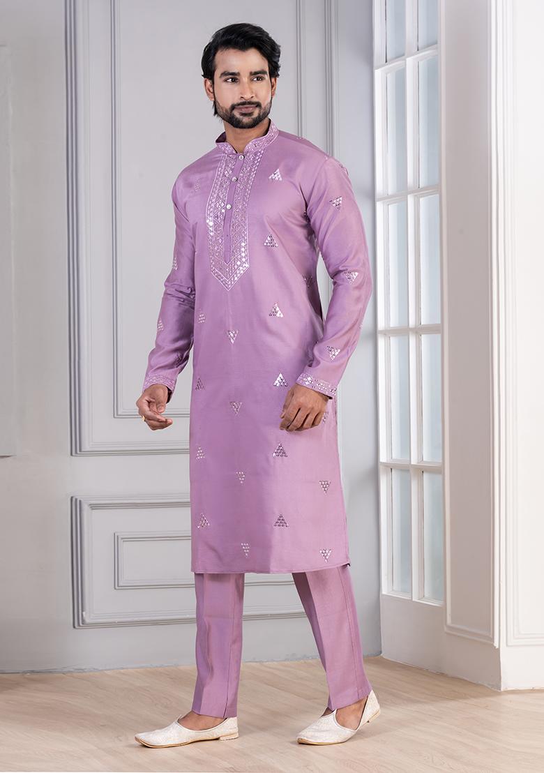 Purple Sequin Work Cotton Kurta Pyjama For Men - Indya