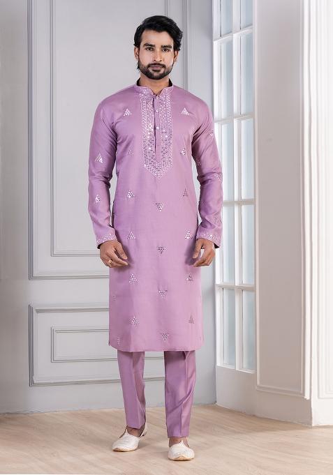 Purple Sequin Work Cotton Kurta Pyjama For Men