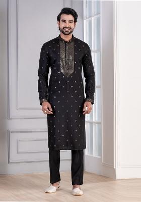 Black Sequin Work Cotton Kurta Pyjama For Men
