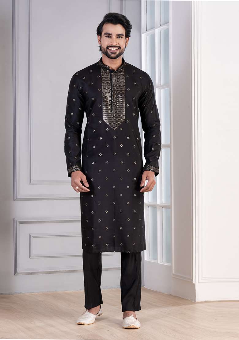 Black Sequin Work Cotton Kurta Pyjama For Men - Indya