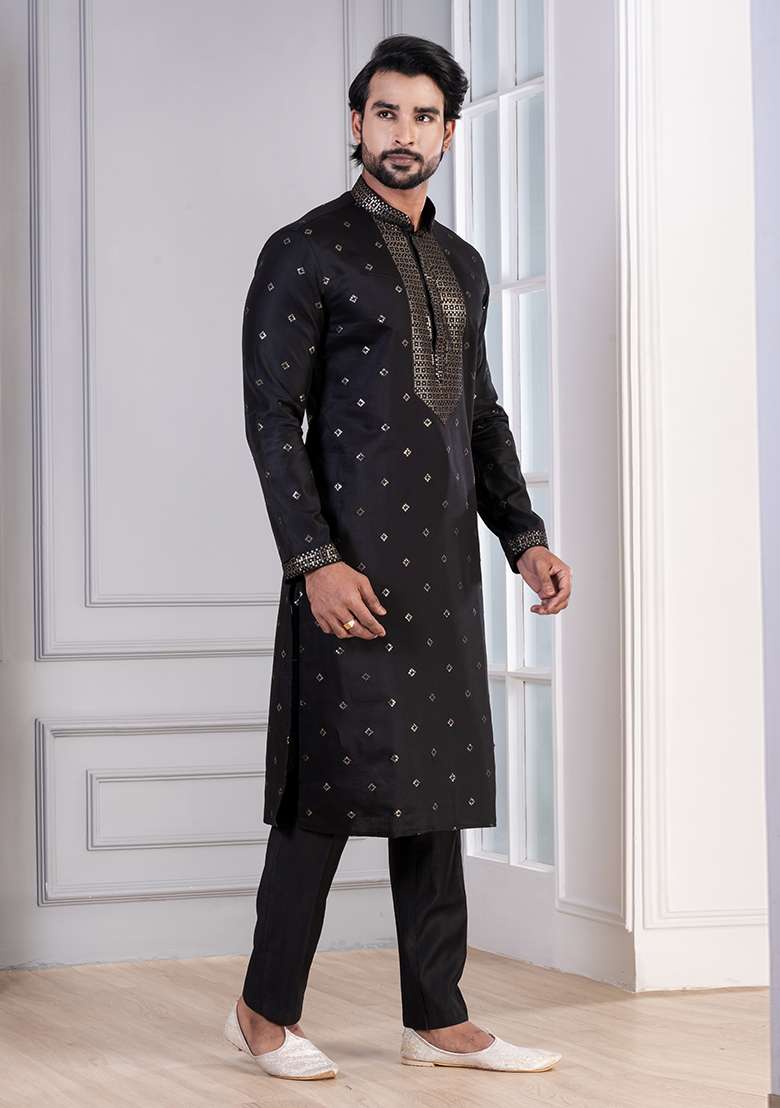 Black Sequin Work Cotton Kurta Pyjama For Men - Indya