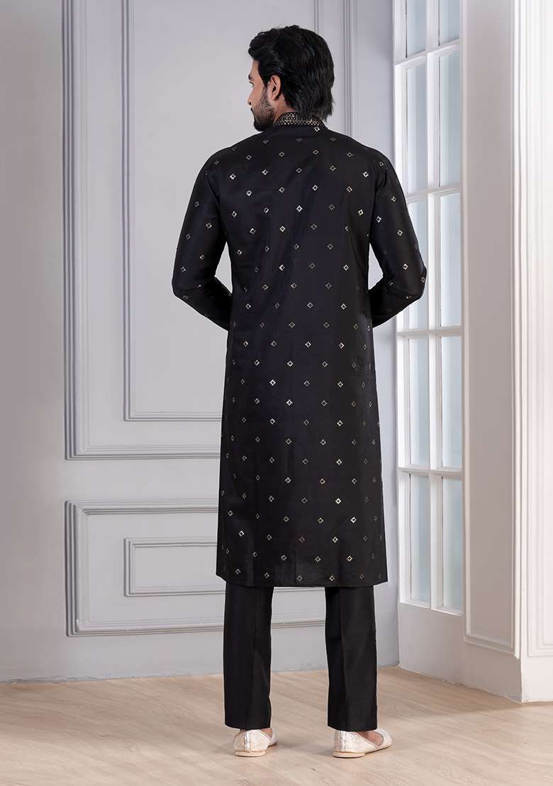 Black Sequin Work Cotton Kurta Pyjama For Men - Indya