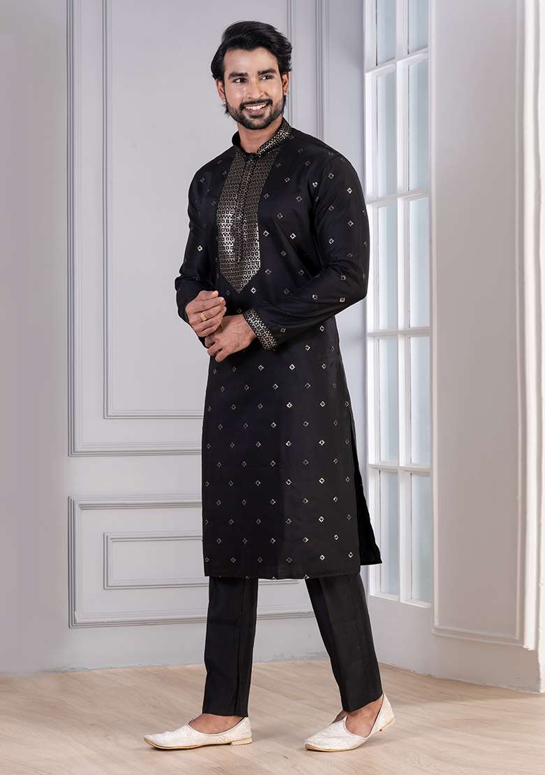 Black Sequin Work Cotton Kurta Pyjama For Men - Indya