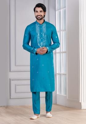 Teal Blue Sequin Work Cotton Kurta Pyjama For Men