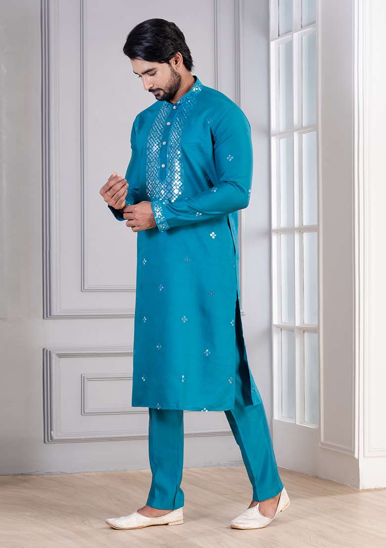 Teal Blue Sequin Work Cotton Kurta Pyjama For Men - Indya