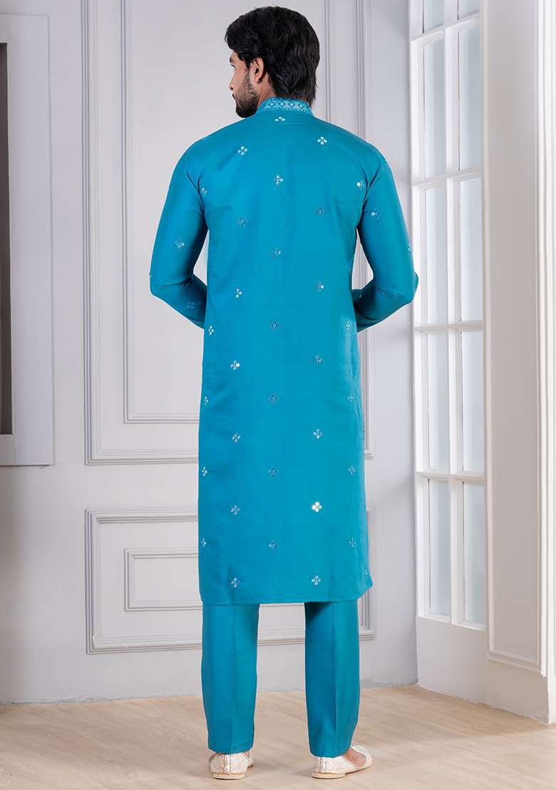 Teal Blue Sequin Work Cotton Kurta Pyjama For Men - Indya