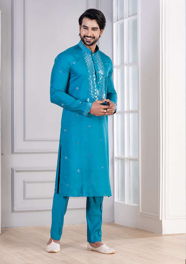 Teal Blue Sequin Work Cotton Kurta Pyjama For Men - Indya