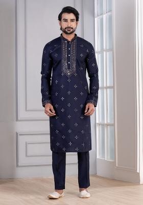 Navy Blue Sequin Work Cotton Kurta Pyjama For Men