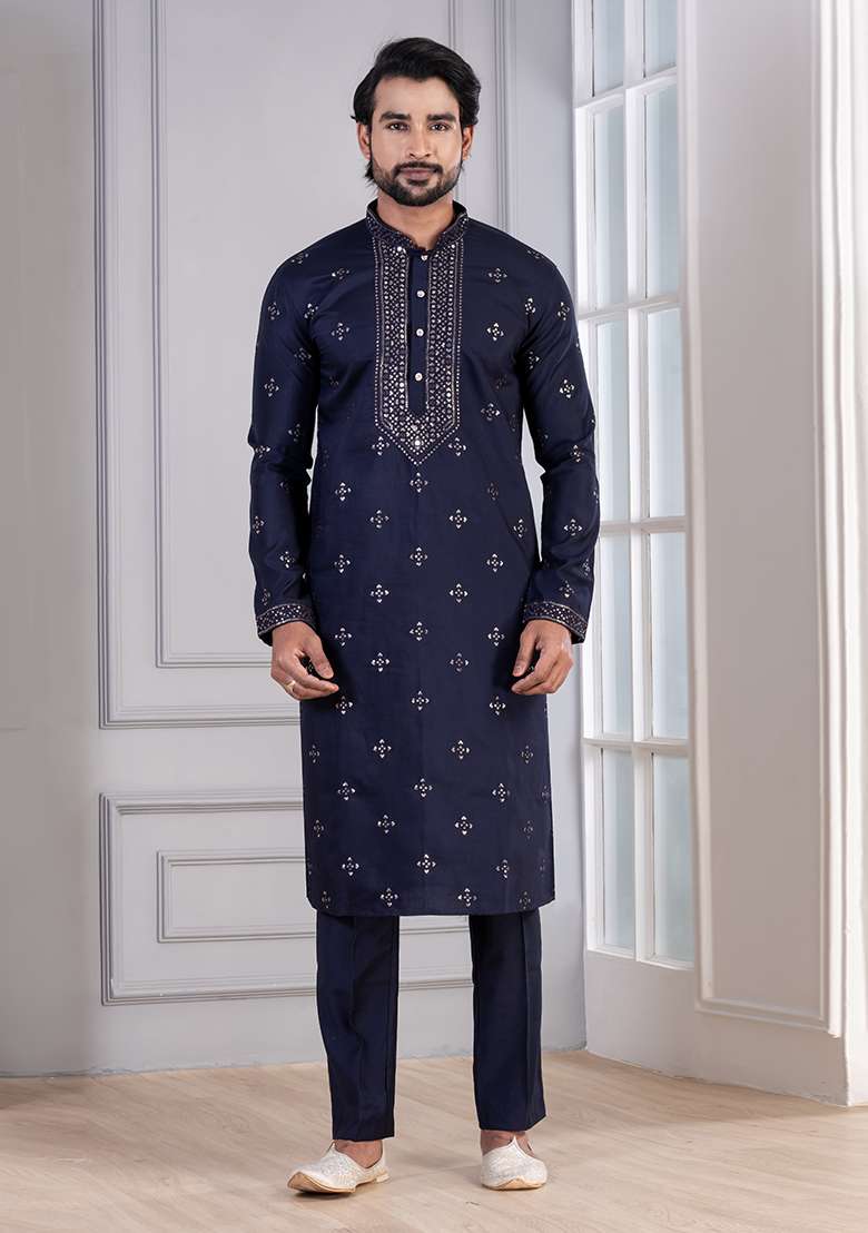 Navy Blue Sequin Work Cotton Kurta Pyjama For Men - Indya