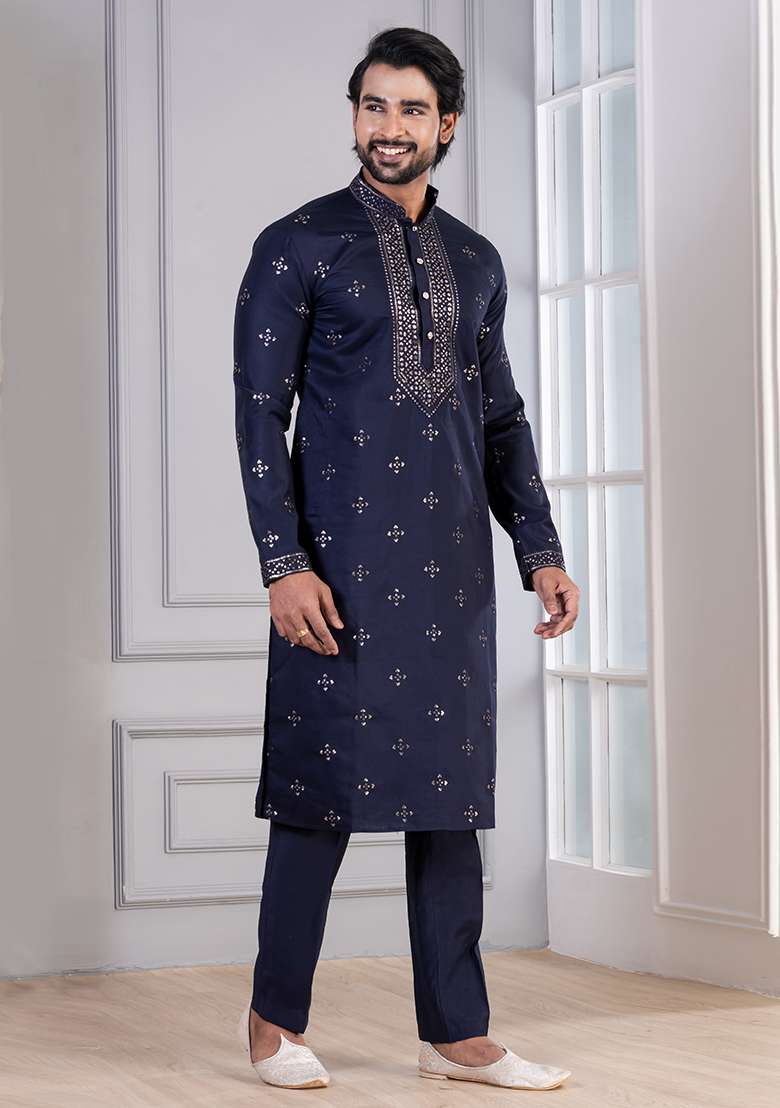 Navy Blue Sequin Work Cotton Kurta Pyjama For Men - Indya
