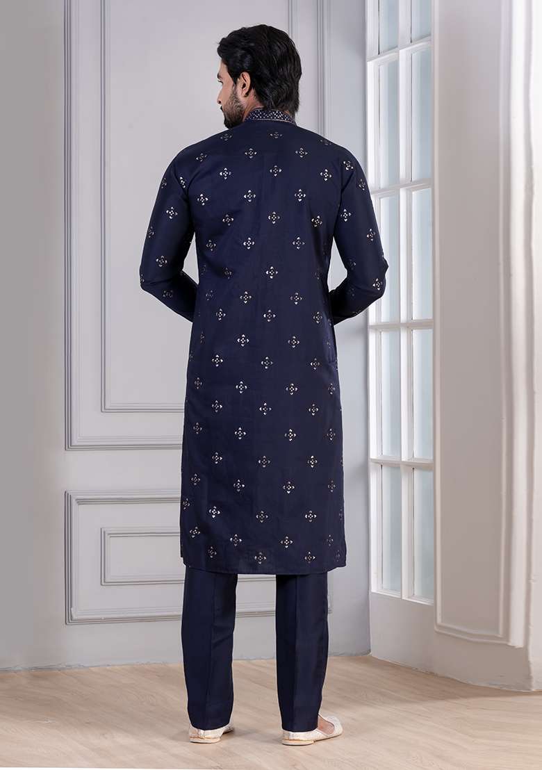 Navy Blue Sequin Work Cotton Kurta Pyjama For Men - Indya