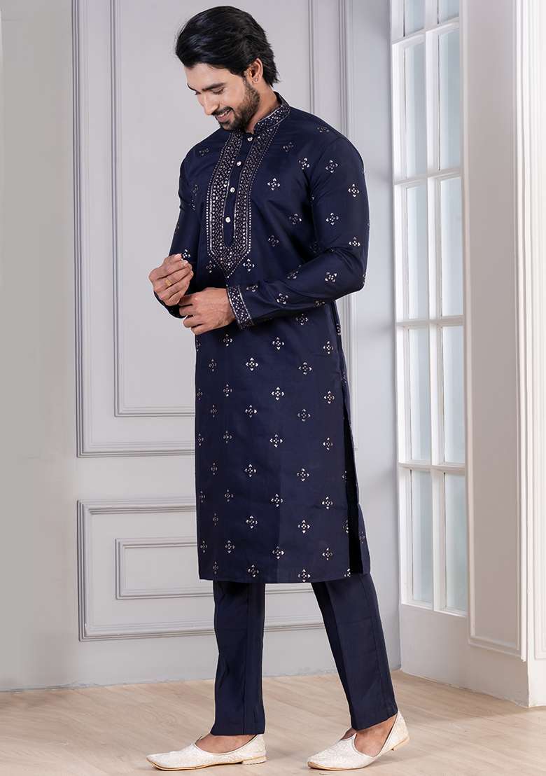 Navy Blue Sequin Work Cotton Kurta Pyjama For Men - Indya