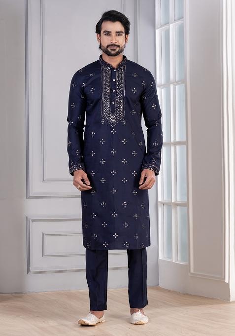 Navy Blue Sequin Work Cotton Kurta Pyjama For Men