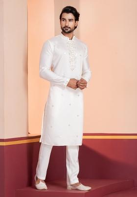 White Sequin Work Cotton Kurta Pyjama For Men