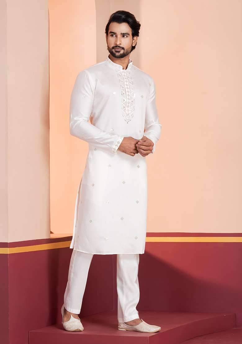 White Sequin Work Cotton Kurta Pyjama For Men - Indya