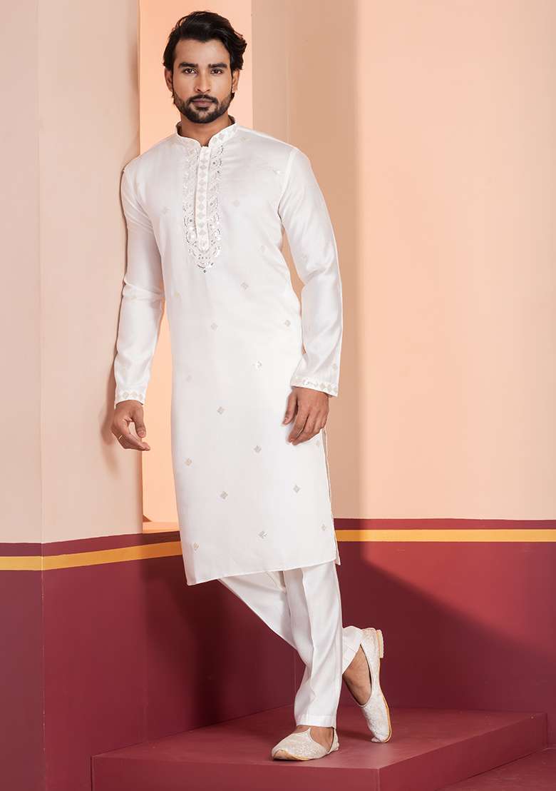 White Sequin Work Cotton Kurta Pyjama For Men - Indya