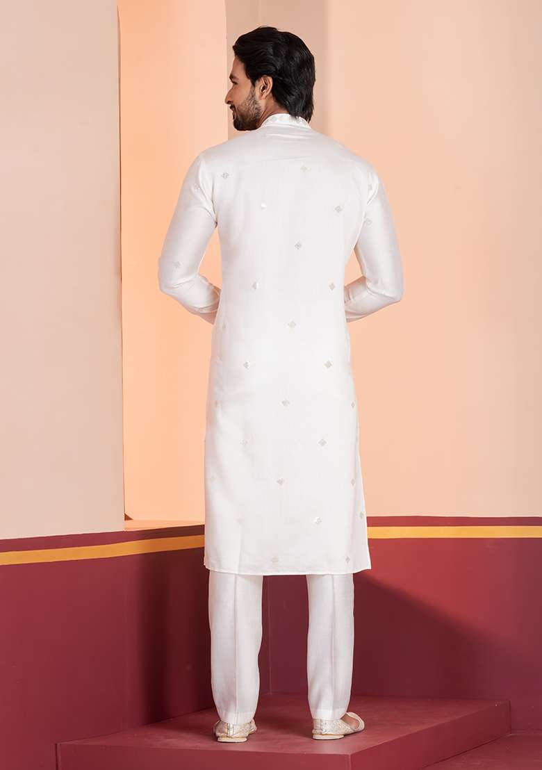 White Sequin Work Cotton Kurta Pyjama For Men - Indya