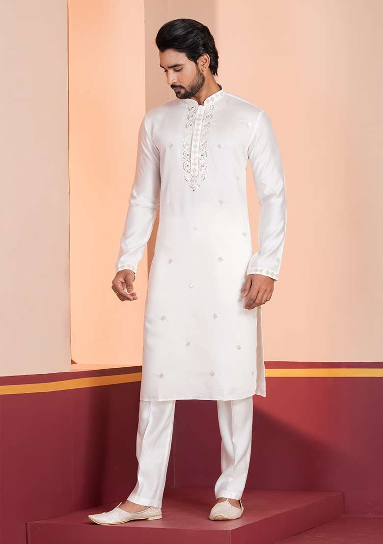 White Sequin Work Cotton Kurta Pyjama For Men - Indya