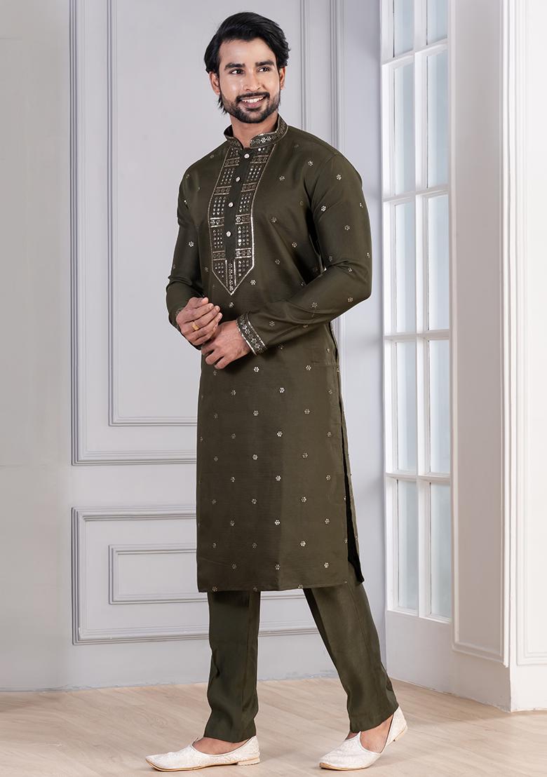 Mehendi Sequin Work Cotton Kurta Pyjama For Men - Indya