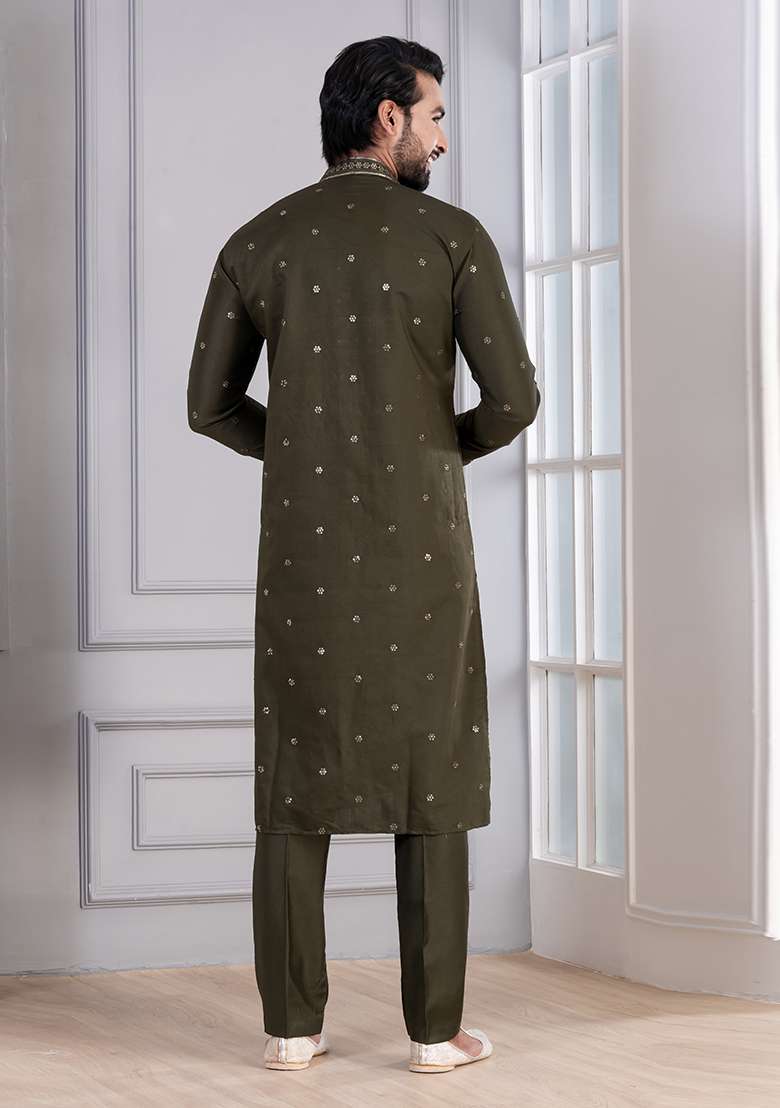 Mehendi Sequin Work Cotton Kurta Pyjama For Men - Indya