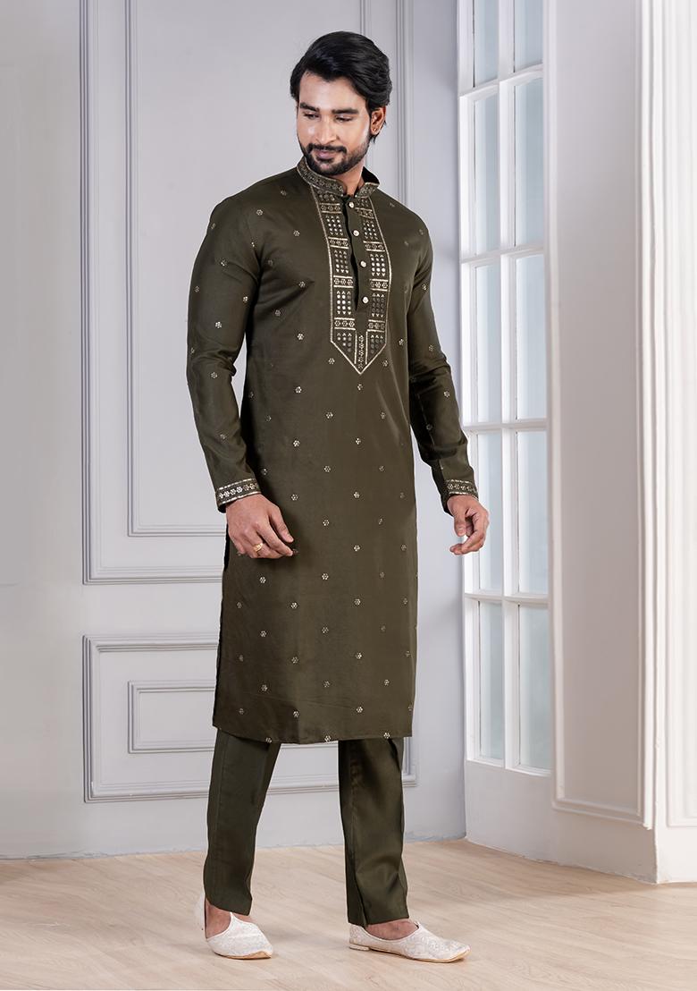 Mehendi Sequin Work Cotton Kurta Pyjama For Men - Indya