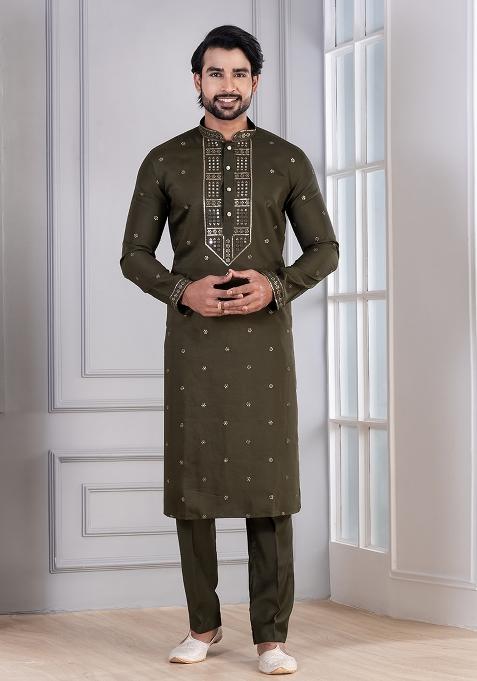 Mehendi Sequin Work Cotton Kurta Pyjama For Men