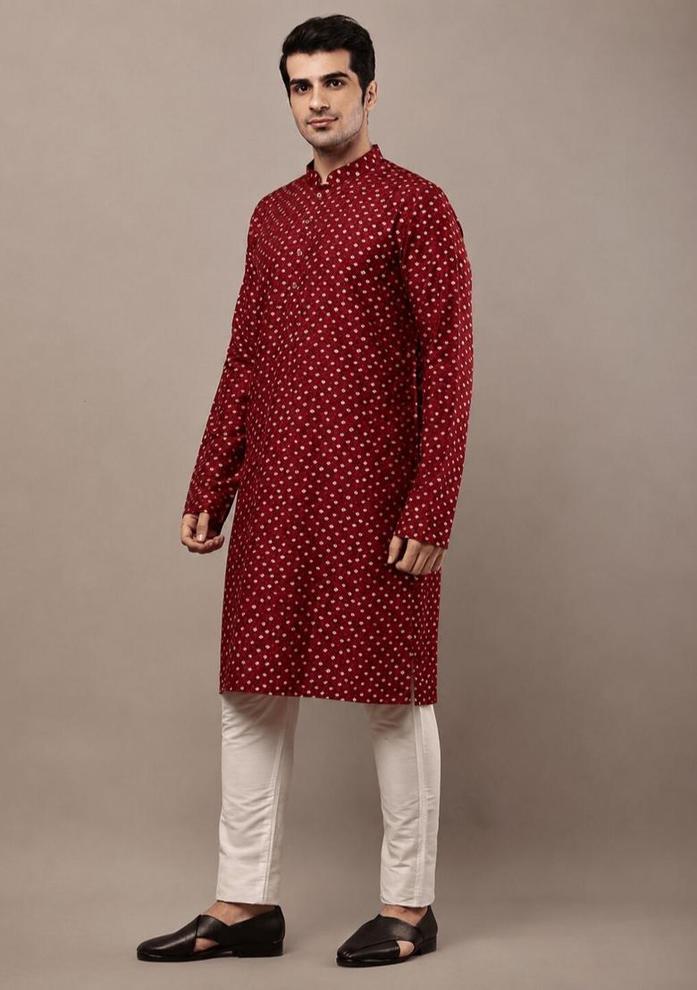 Red Printed Viscose Kurta For Men - Indya