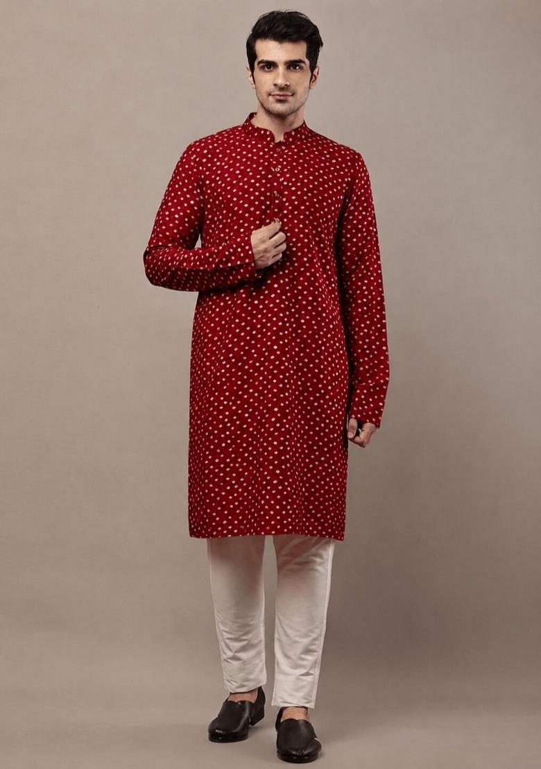 Red Printed Viscose Kurta For Men - Indya