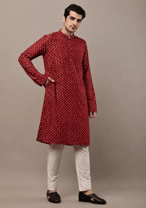 Red Printed Viscose Kurta For Men