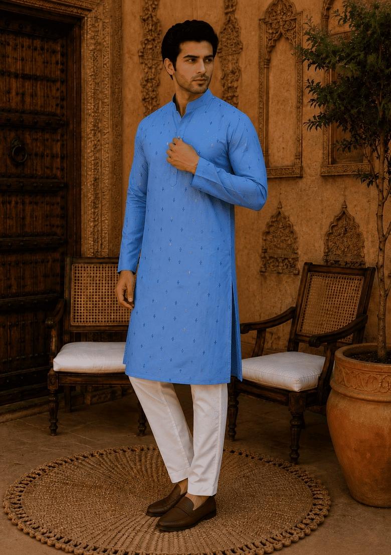 Blue Printed Viscose Kurta For Men - Indya