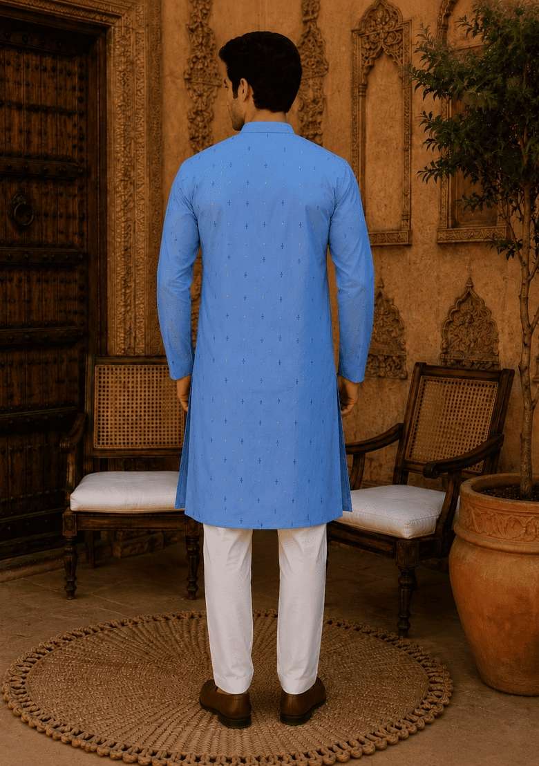 Blue Printed Viscose Kurta For Men - Indya