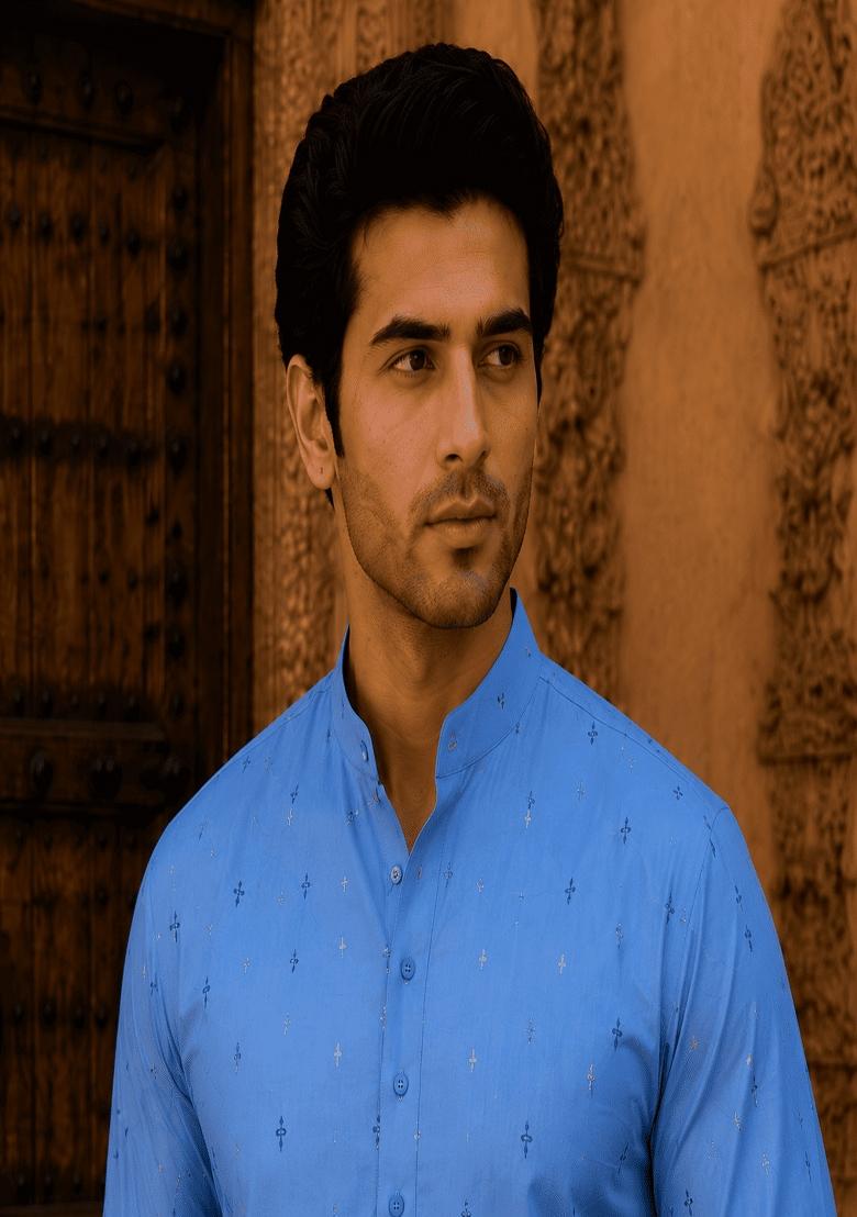 Blue Printed Viscose Kurta For Men - Indya